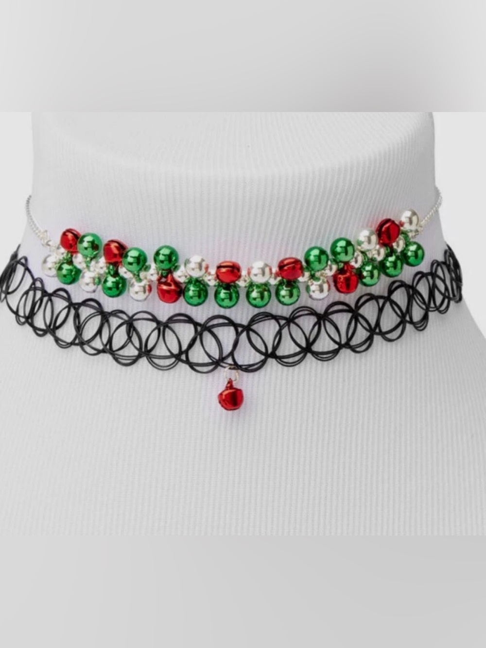 Festive Beaded and Black Tattoo Choker Set - Red & Green